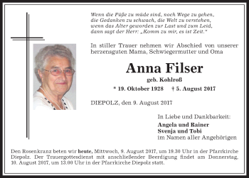Traueranzeige von Anna Filser von Allgäuer Anzeigeblatt