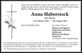 Traueranzeige von Anna Haberstock von Allgäuer Anzeigeblatt