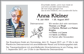 Traueranzeige von Anna Kleiner von Allgäuer Zeitung,Kempten