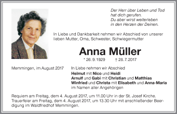 Traueranzeige von Anna Müller von Memminger Zeitung