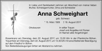 Traueranzeige von Anna Schweighart von Memminger Zeitung