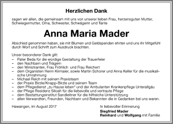 Traueranzeige von Anna Maria Mader von Memminger Zeitung