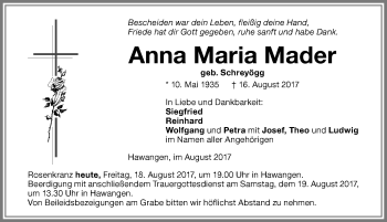 Traueranzeige von Anna Maria Mader von Allgäuer Zeitung