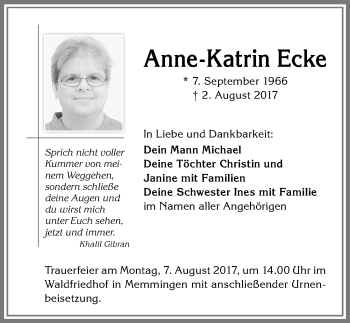 Traueranzeige von Anne-Katrin Ecke von Memminger Zeitung