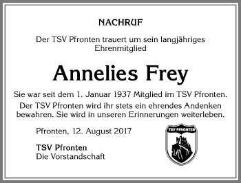 Traueranzeige von Annelies Frey von Allgäuer Zeitung, Füssen