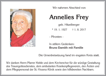 Traueranzeige von Annelies Frey von Allgäuer Zeitung, Füssen