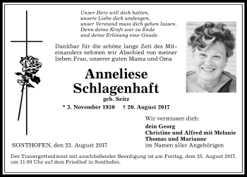 Traueranzeige von Anneliese Schlagenhaft von Allgäuer Anzeigeblatt