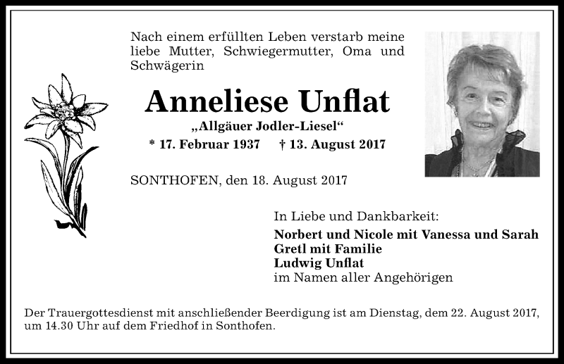  Traueranzeige für Anneliese Unflat vom 18.08.2017 aus Allgäuer Anzeigeblatt