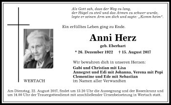 Traueranzeige von Anni Herz von Allgäuer Anzeigeblatt