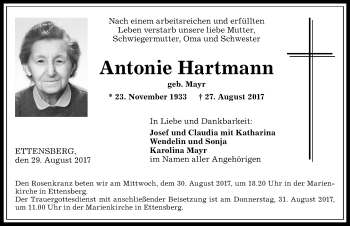 Traueranzeige von Antonie Hartmann von Allgäuer Anzeigeblatt