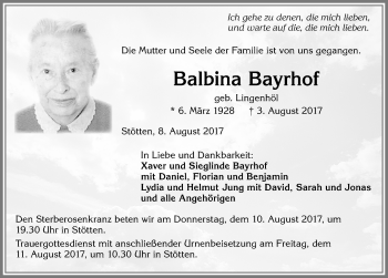 Traueranzeige von Balbina Bayrhof von Allgäuer Zeitung, Marktoberdorf
