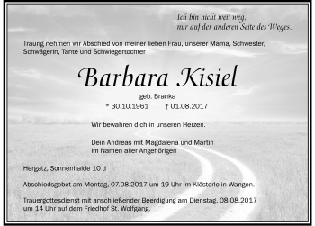 Traueranzeige von Barbara Kisiel von Der Westallgäuer