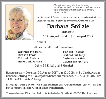 Traueranzeige von Barbara Stölzle von Allgäuer Zeitung