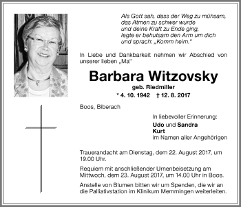 Traueranzeige von Barbara Witzovsky von Memminger Zeitung