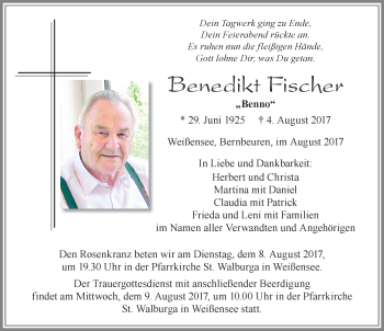 Traueranzeige von Benedikt Fischer von Allgäuer Zeitung, Füssen