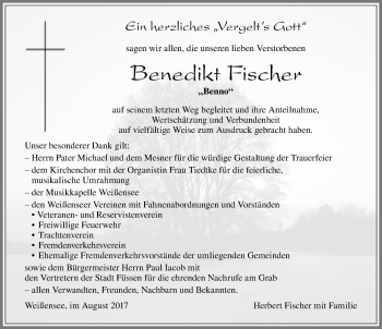 Traueranzeige von Benedikt Fischer von Allgäuer Zeitung, Füssen