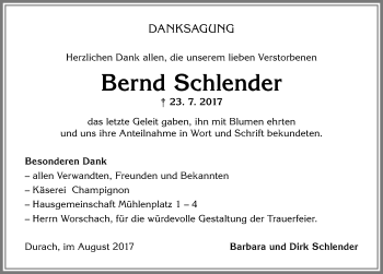 Traueranzeige von Bernd Schlender von Allgäuer Zeitung,Kempten