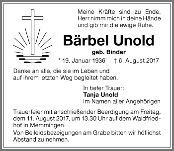 Traueranzeige von Bärbel Unold von Memminger Zeitung