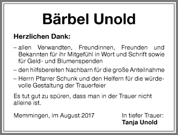 Traueranzeige von Bärbel Unold von Memminger Zeitung