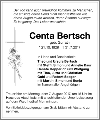 Traueranzeige von Centa Bertsch von Memminger Zeitung