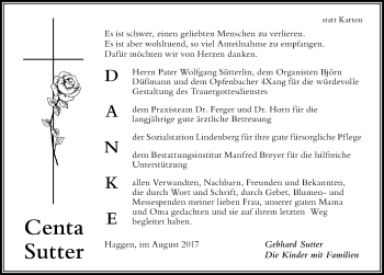 Traueranzeige von Centa Sutter von Der Westallgäuer