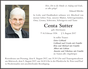 Traueranzeige von Centa Sutter von Der Westallgäuer