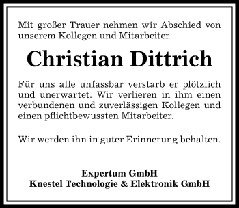 Traueranzeige von Christian Dittrich von Allgäuer Anzeigeblatt