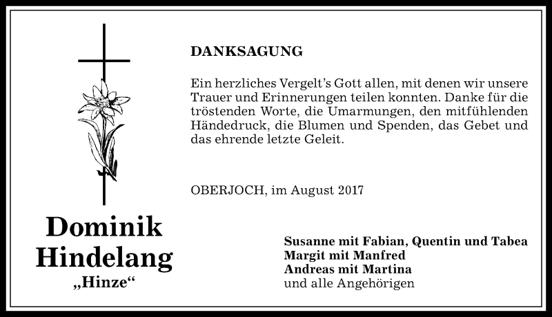  Traueranzeige für Dominik Hindelang vom 05.08.2017 aus Allgäuer Anzeigeblatt