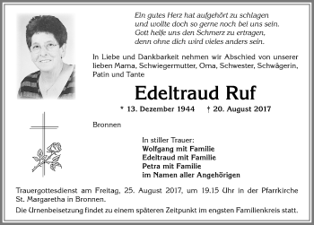 Traueranzeige von Edeltraud Ruf von Allgäuer Zeitung, Kaufbeuren/Buchloe
