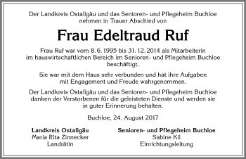 Traueranzeige von Edeltraud Ruf von Allgäuer Zeitung, Kaufbeuren/Buchloe