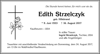 Traueranzeige von Edith Strzelczyk von Allgäuer Zeitung, Kaufbeuren/Buchloe