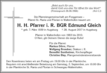 Traueranzeige von Edmund Gleich von Allgäuer Zeitung, Füssen