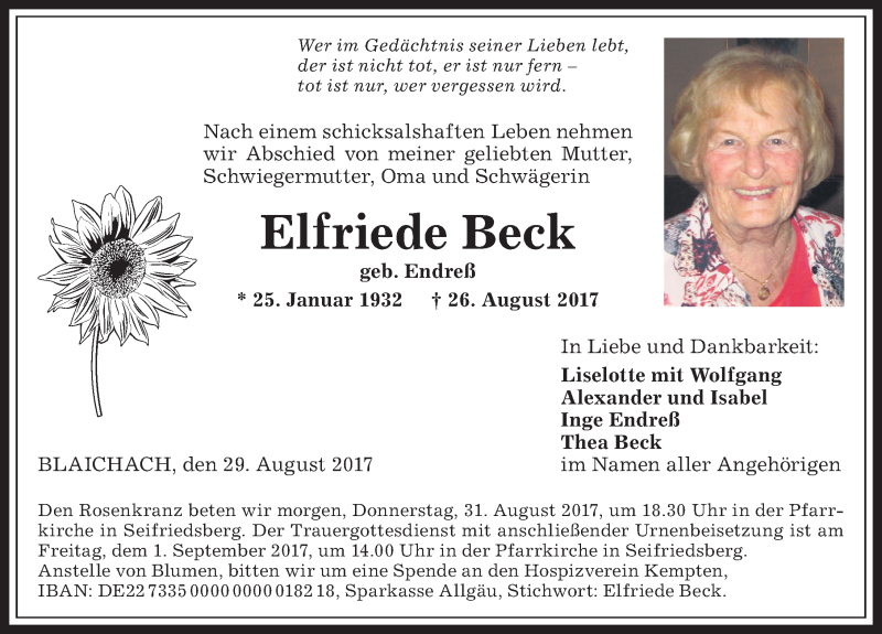 Traueranzeigen von Elfriede Beck | Allgäuer Zeitung
