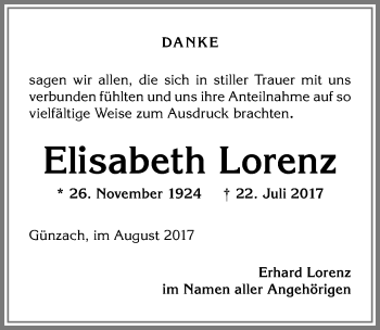 Traueranzeige von Elisabeth Lorenz von Allgäuer Zeitung, Marktoberdorf