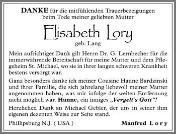 Traueranzeige von Elisabeth Lory von Allgäuer Zeitung, Füssen