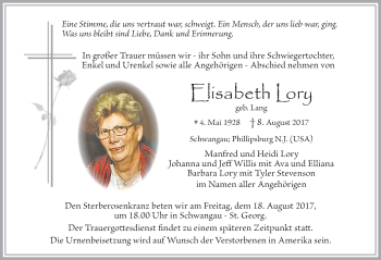 Traueranzeige von Elisabeth Lory von Allgäuer Zeitung, Füssen