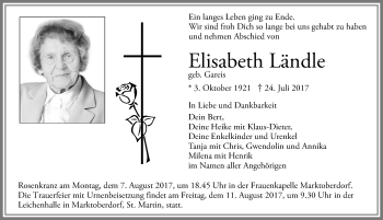 Traueranzeige von Elisabeth Ländle von Allgäuer Zeitung, Marktoberdorf