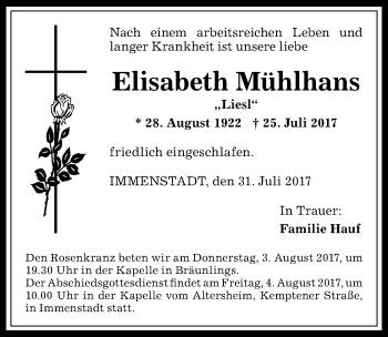Traueranzeige von Elisabeth Mühlhans von Allgäuer Anzeigeblatt