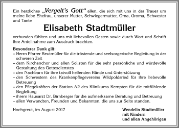 Traueranzeige von Elisabeth Stadtmüller von Allgäuer Zeitung