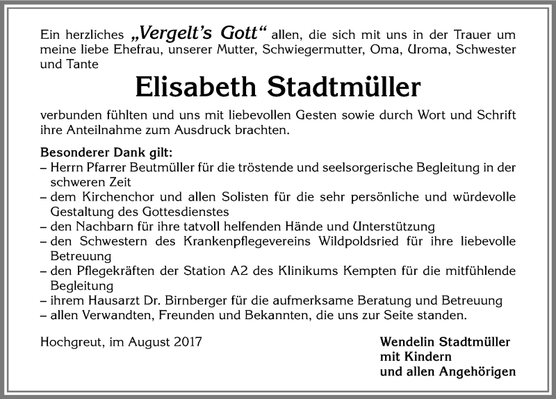  Traueranzeige für Elisabeth Stadtmüller vom 05.08.2017 aus Allgäuer Zeitung