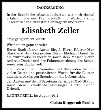 Traueranzeige von Elisabeth Zeller von Allgäuer Anzeigeblatt