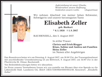 Traueranzeige von Elisabeth Zeller von Allgäuer Anzeigeblatt