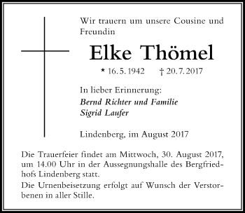 Traueranzeige von Elke Thömel von Der Westallgäuer