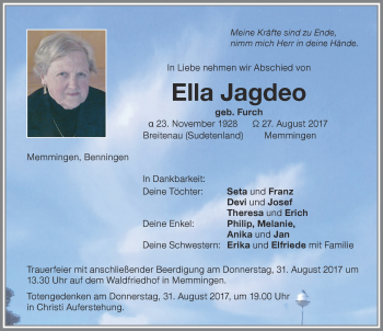 Traueranzeige von Ella Jagdeo von Memminger Zeitung