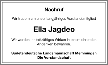 Traueranzeige von Ella Jagdeo von Memminger Zeitung