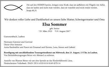 Traueranzeige von Elsa Sommer von Memminger Zeitung