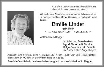 Traueranzeige von Emilie Linder von Allgäuer Zeitung,Kempten
