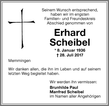 Traueranzeige von Erhard Scheibel von Memminger Zeitung