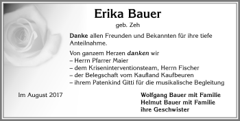 Traueranzeige von Erika Bauer von Allgäuer Zeitung, Kaufbeuren/Buchloe