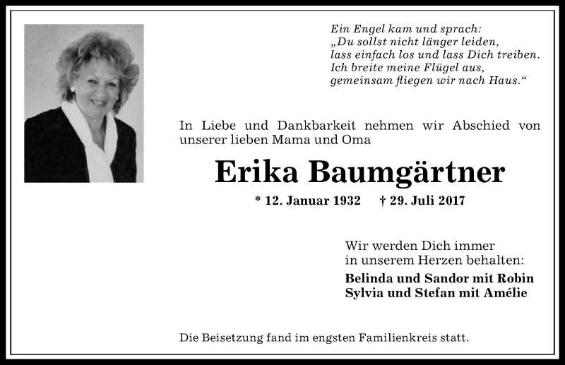  Traueranzeige für Erika Baumgärtner vom 04.08.2017 aus Allgäuer Anzeigeblatt
